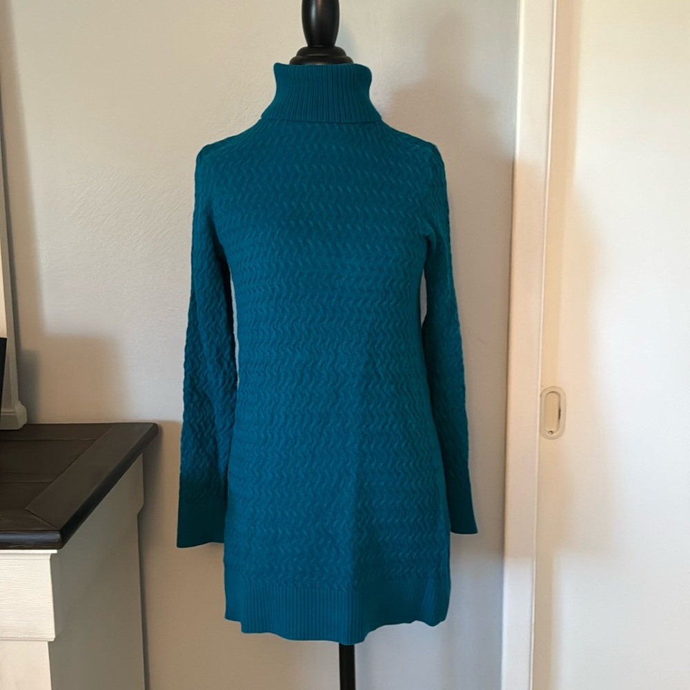 Lands’ End Turtleneck Tunic Sweater Small Teal Blue